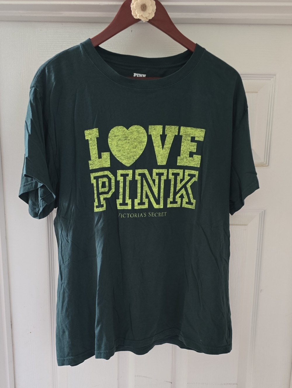 PINK Victoria's Secret Dark Green Cotton Graphic Tee- Size LG
